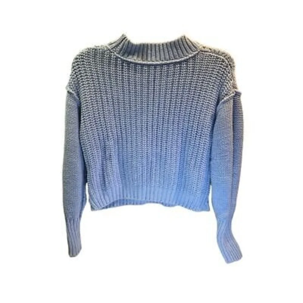 Free People Women's XS Blue Cable-Knit Pullover Sweater Chunky Knit